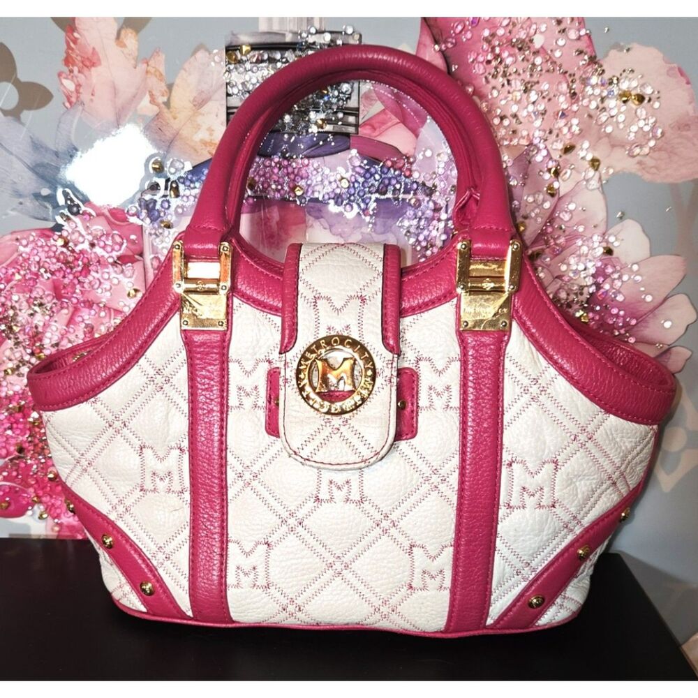 METROCITY Italian Leather Tote/Satchel – Hot Pink & Cream 'M' Logo Stitch